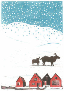 Linocut print by Pat Gregory. A snow-covered, Arctic lanscape with a cluster of tiny red houses at the bottom and two reindeer - an adult and a calf - in the middle distance. 