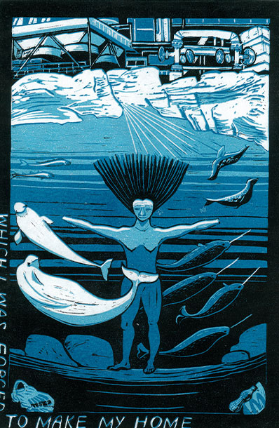 Linocut print, the colours of which are white and various shades of blue, by Pat Gregory. A naked woman/goddess stands on the sea floor with her arms outstretched and her long black hair standing on end. Various marine animals - seals and fish - are swimming around her. Above her is a layer of Arctic ice and the machinery of increasing industrialisation. Plastic debris is scattered on the sea floor at the woman's feet.