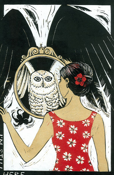 Linocut print by Pat Gregory. A woman in a red dress covered in white flowers looks in a mirror and the reflection of an owl gazes back at her.
