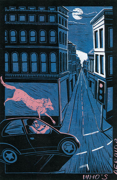 Linocut print by Pat Gregory. A man is driving a car down a narrow, urban street at night. A red traffic light illuminates the lithe body of a wolf on the car's roof.